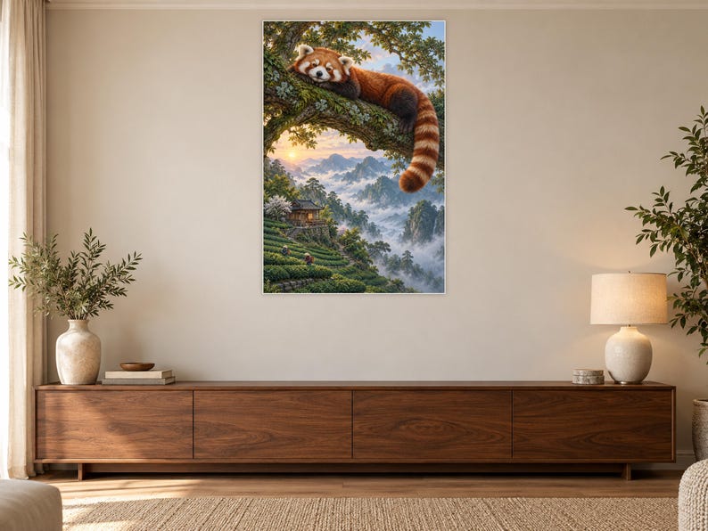 Red Panda Art Print | Misty Tea Garden Fantasy Wall Decor image 3