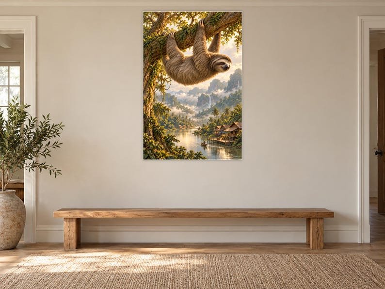 Sloth Art Print | Tropical River Village Fantasy Wall Decor image 13