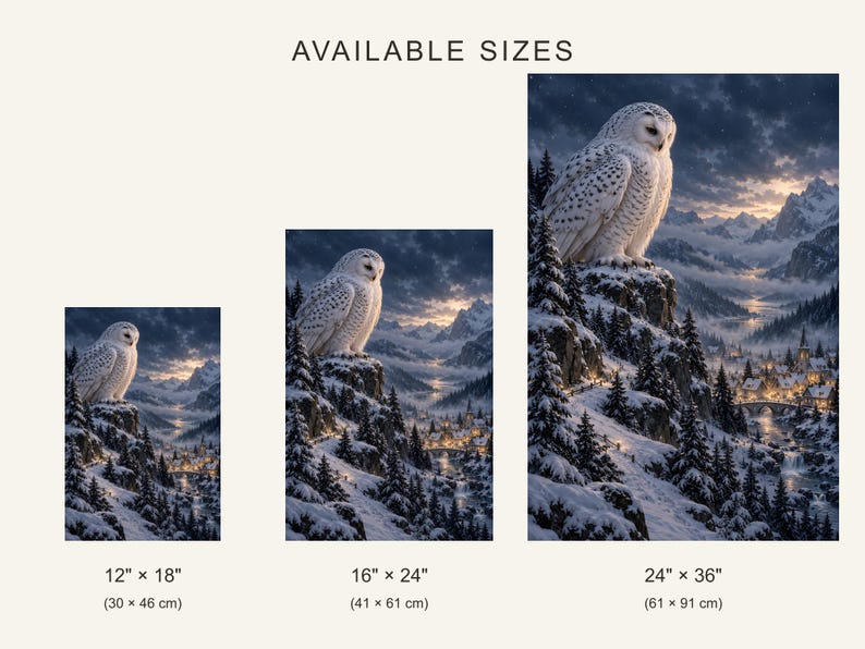 Może przedstawiać: Trzy pionowe wydruki ścienne przedstawiające sowę śnieżną siedzącą na klifie nad zimową wioską. Tekst AVAILABLE SIZES znajduje się nad trzema rozmiarami 30 x 46 cm, 41 x 61 cm oraz 61 x 91 cm wraz z odpowiednikami w calach.