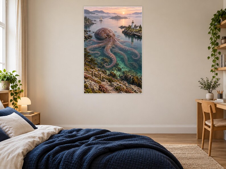 Octopus Art Print | Coastal Lighthouse Fantasy Wall Decor image 16