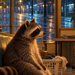 Raccoon Laundromat Art Print | Rainy Night Laundry Room Decor image 3