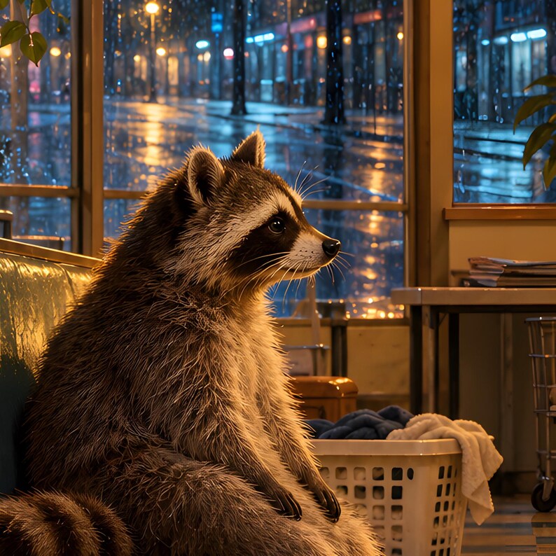 Raccoon Laundromat Art Print | Rainy Night Laundry Room Decor image 3