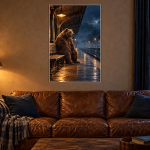 Bear Train Station Art Print | Misty Night Railway Wall Decor image 1