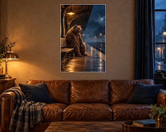 Bear Train Station Art Print | Misty Night Railway Wall Decor