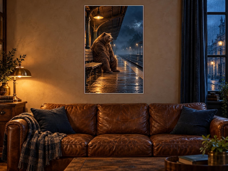 Bear Train Station Art Print | Misty Night Railway Wall Decor image 1
