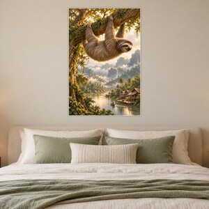 Sloth Art Print | Tropical River Village Fantasy Wall Decor image 4