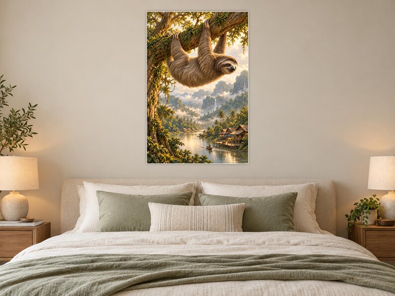 Sloth Art Print | Tropical River Village Fantasy Wall Decor image 4