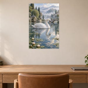 White Swan Art Print | Water Garden Fantasy Wall Decor bild 6