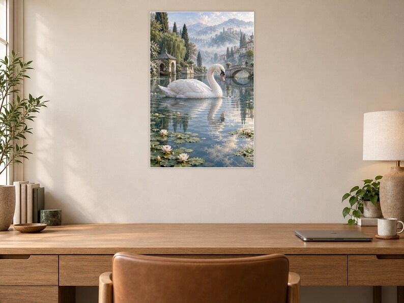 White Swan Art Print | Water Garden Fantasy Wall Decor bild 6