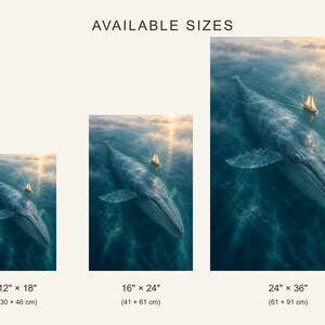 Pode incluir: Tr&ecirc;s impress&otilde;es de parede verticais com uma baleia-azul a nadar perto de um veleiro ao p&ocirc;r do sol. Os tamanhos dispon&iacute;veis s&atilde;o 30 cm por 46 cm, 41 cm por 61 cm e 61 cm por 91 cm, com o texto AVAILABLE SIZES no topo da imagem.