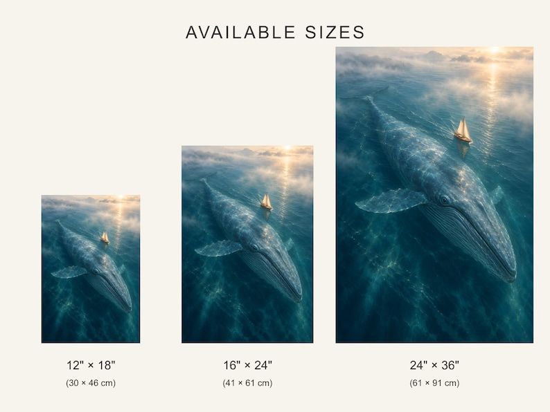 Pode incluir: Tr&ecirc;s impress&otilde;es de parede verticais com uma baleia-azul a nadar perto de um veleiro ao p&ocirc;r do sol. Os tamanhos dispon&iacute;veis s&atilde;o 30 cm por 46 cm, 41 cm por 61 cm e 61 cm por 91 cm, com o texto AVAILABLE SIZES no topo da imagem.