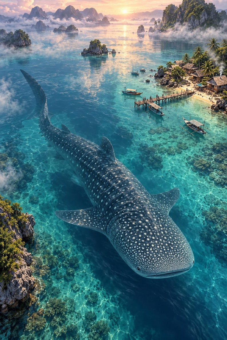 Whale Shark Art Print | Tropical Lagoon Fantasy Wall Decor zdjęcie 1