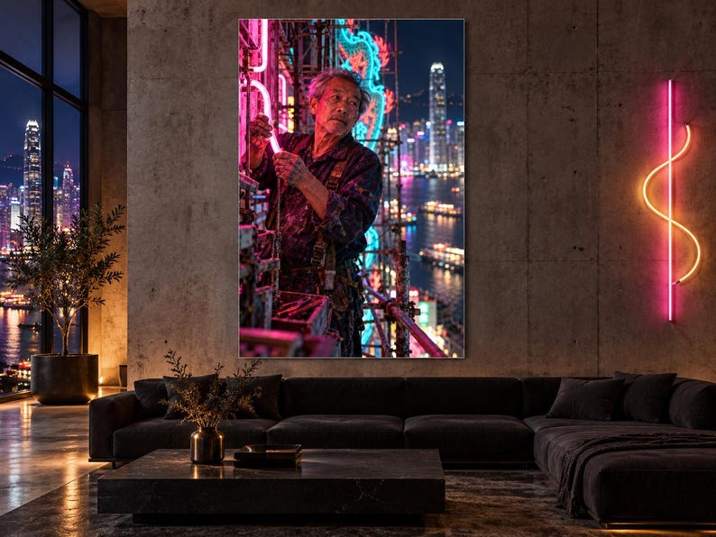 Lámina del fabricante de letreros de neón / Arte mural nocturno de Hong Kong / Póster de retrato cinematográfico imagen 1