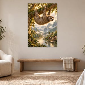 Sloth Art Print | Tropical River Village Fantasy Wall Decor image 5