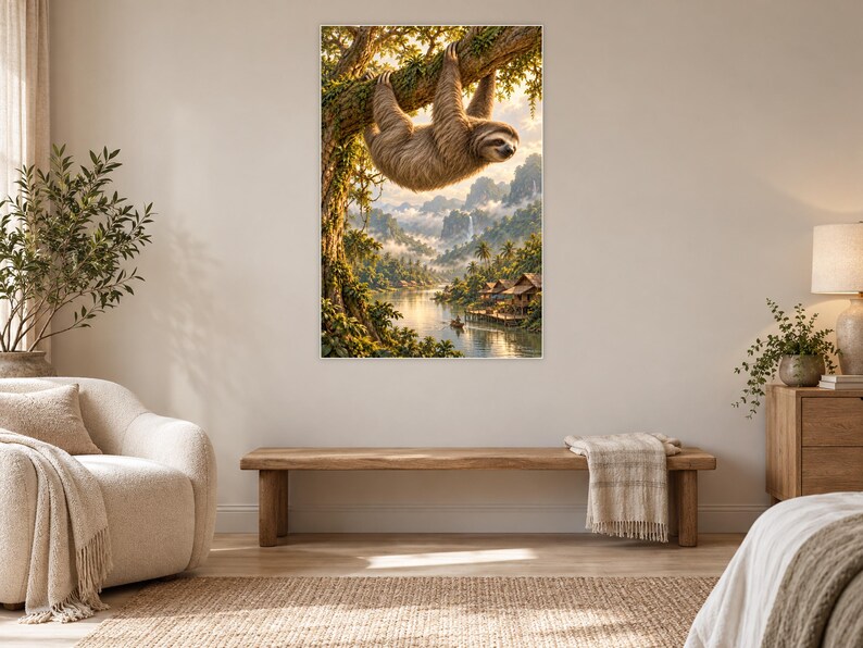 Sloth Art Print | Tropical River Village Fantasy Wall Decor image 5