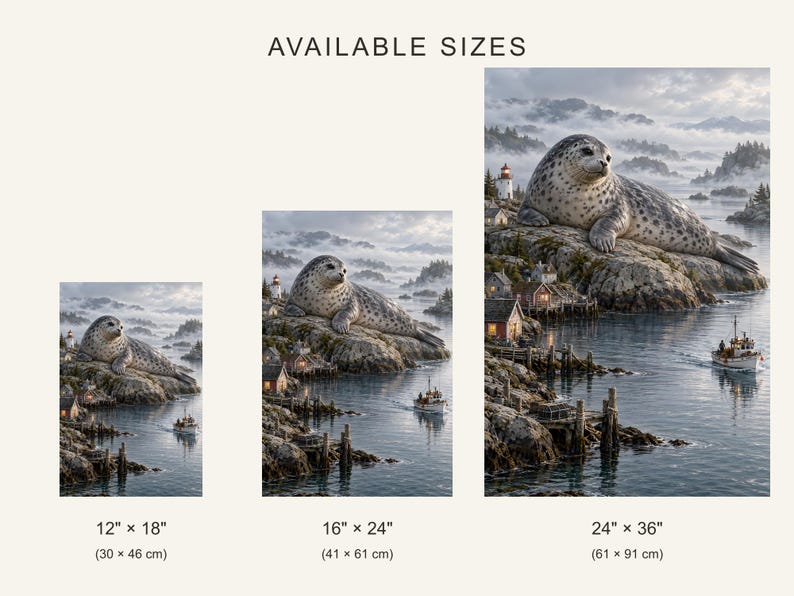 May include: Three vertical wall art prints labeled AVAILABLE SIZES, each depicting a spotted seal resting on a rocky coastal cliff above a harbor with a lighthouse and boat. Sizes shown are 12" x 18", 16" x 24", and 24" x 36".