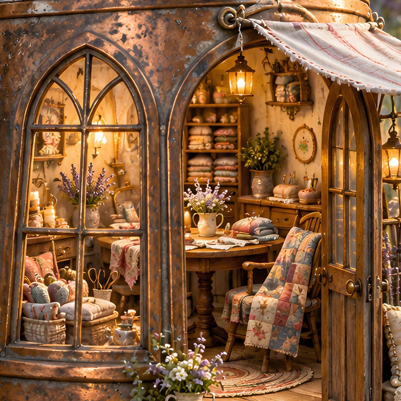 May include: A miniature room box featuring a copper-toned exterior with arched windows and a fabric awning. The interior displays a wooden table, chairs with a patchwork quilt, shelves with folded textiles, floral arrangements, and hanging lanterns.