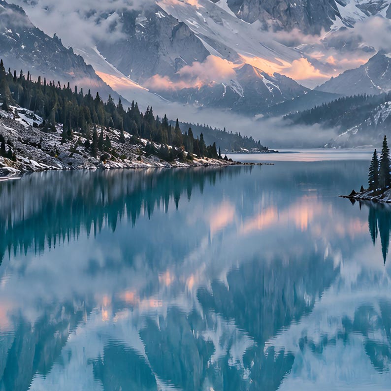 Puede incluir: Un sereno lago de monta&ntilde;a con aguas azules tranquilas y reflectantes que muestran los picos nevados y densos bosques de con&iacute;feras. La suave luz rosa y naranja del amanecer ilumina las nubes y las laderas rocosas sobre la orilla.
