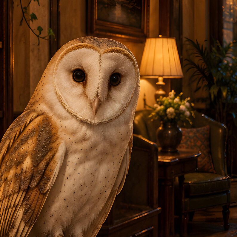 Barn Owl Hotel Desk Art Print | Warm Night Library Wall Decor image 3