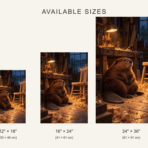 May include: Three vertical prints labeled AVAILABLE SIZES showing a brown beaver in a woodworking shop. Sizes listed are 12" x 18", 16" x 24", and 24" x 36". The scene features a wooden workbench, a chair, and wood shavings on the floor.