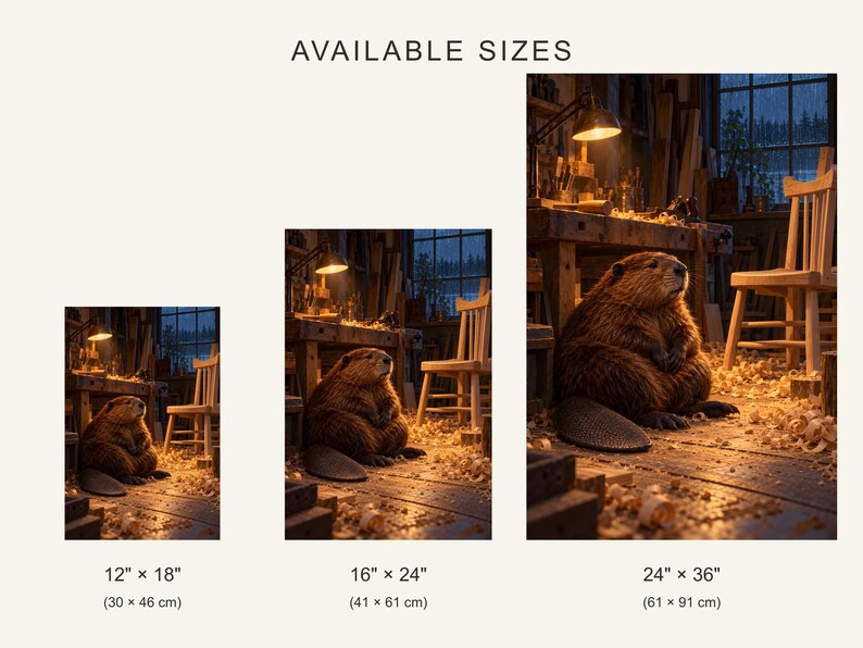 May include: Three vertical prints labeled AVAILABLE SIZES showing a brown beaver in a woodworking shop. Sizes listed are 12" x 18", 16" x 24", and 24" x 36". The scene features a wooden workbench, a chair, and wood shavings on the floor.