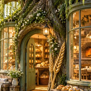 Puede incluir: Una panader&iacute;a construida en un gran &aacute;rbol con puerta de madera verde, ventanas arqueadas y un farol de metal negro. El interior muestra estantes con pan, un horno de piedra y mesas de madera. Dos grandes espigas de trigo afuera.