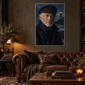Lighthouse Keeper Portrait Print | Moody Nautical Wall Art | Cinematic Coastal Character Poster Bild 1