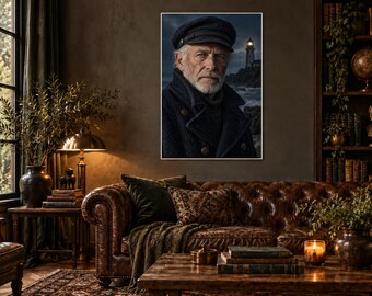 Lighthouse Keeper Portrait Print | Moody Nautical Wall Art | Cinematic Coastal Character Poster