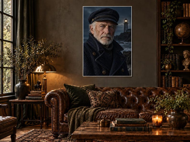 Lighthouse Keeper Portrait Print | Moody Nautical Wall Art | Cinematic Coastal Character Poster Bild 1