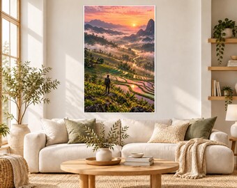 Rice Terraces Print | Asian Landscape Wall Art | Vietnam Green Terraces Poster