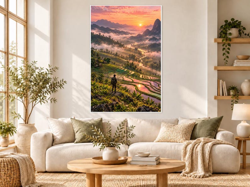 Rice Terraces Print | Asian Landscape Wall Art | Vietnam Green Terraces Poster image 1