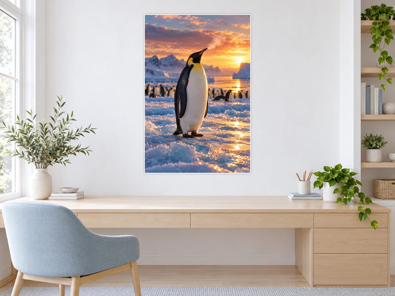 K&ouml;nnte beinhalten: Ein rechteckiger Wandkunstdruck, der einen einzelnen Kaiserpinguin auf eisigem Untergrund zeigt. Der Pinguin hat ein schwarz-wei&szlig;es Gefieder mit einem gelben Halsfleck. Im Hintergrund beleuchtet ein Sonnenuntergang schneebedeckte Berge und Pinguine.