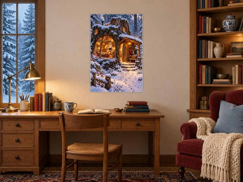 Snowy Woodland Gathering Room Art Print | Cozy Winter Cabin Decor image 2