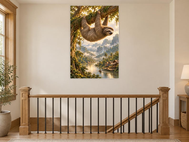 Sloth Art Print | Tropical River Village Fantasy Wall Decor image 14