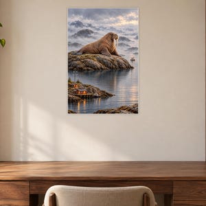 以下が含まれることがあります： 穏やかな湾の岩だらけの島で休む茶色のセイウチを描いた額装されたウォールアートプリント。岸辺には明かりが灯る小さな小屋、遠くにはボート、曇り空の下には霧のかかった山々が描かれています。
