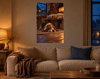Basset Hound Bakery Art Print | Cozy Kitchen Night Wall Decor