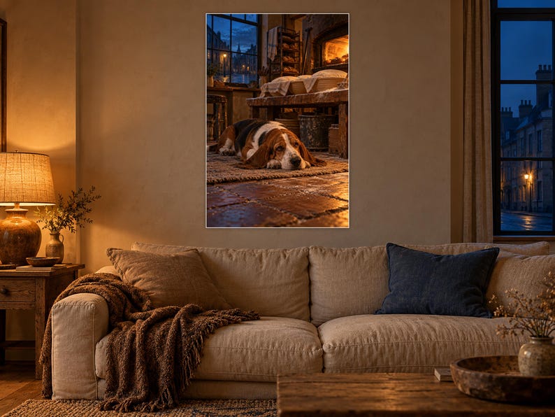 Stampa artistica "Basset Hound Bakery" / Decorazione murale per una serata accogliente in cucina immagine 1