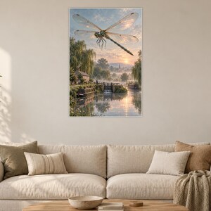 Dragonfly Art Print | Misty Canal Fantasy Wall Decor immagine 2