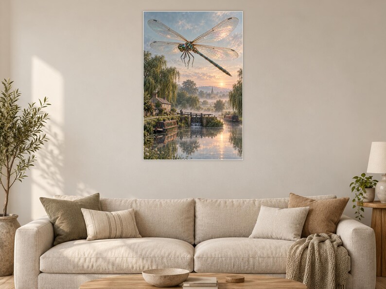 Dragonfly Art Print | Misty Canal Fantasy Wall Decor immagine 2