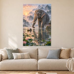 Elephant Lotus Lake Art Print | Peaceful Fantasy Wall Decor image 1