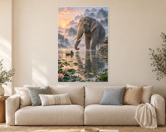 Elephant Lotus Lake Art Print | Peaceful Fantasy Wall Decor