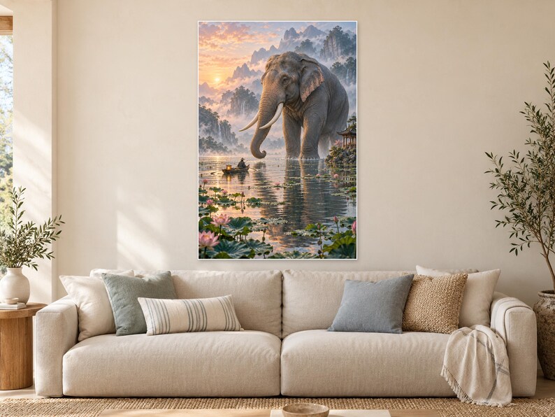 Elephant Lotus Lake Art Print | Peaceful Fantasy Wall Decor image 1