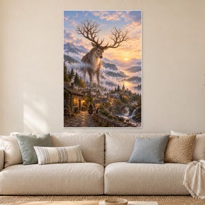 Lámina artística de ciervo gigante / Decoración de pared de fantasía de pueblo de montaña imagen 1