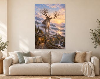 Giant Deer Art Print | Mountain Village Fantasy Wall Decor