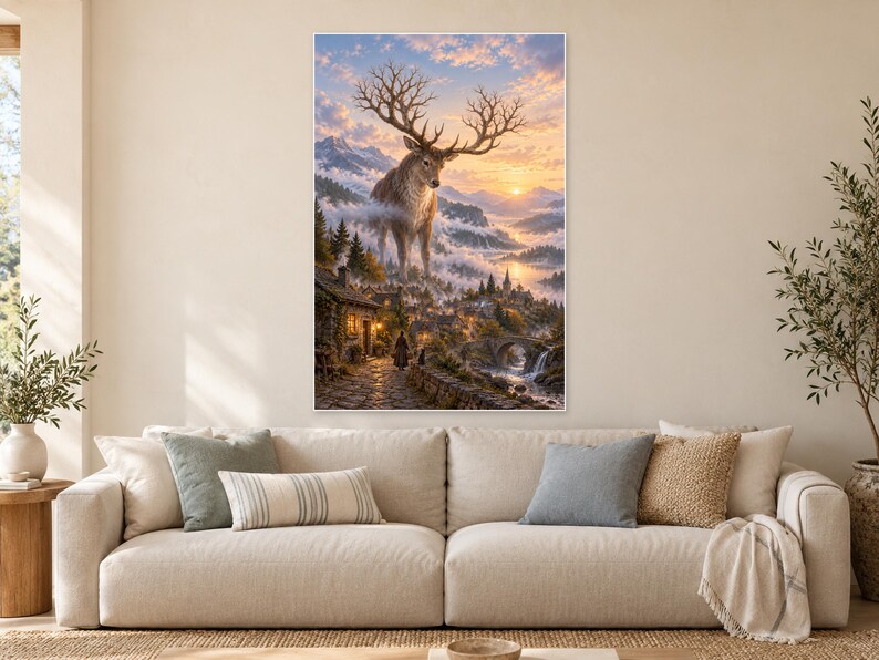 Lámina artística de ciervo gigante / Decoración de pared de fantasía de pueblo de montaña imagen 1