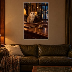 Barn Owl Hotel Desk Art Print | Warm Night Library Wall Decor image 1