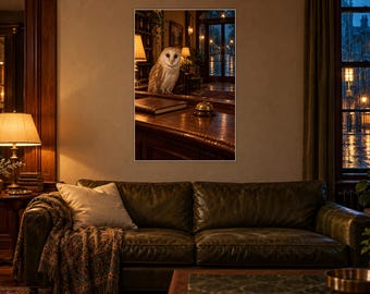 Barn Owl Hotel Desk Art Print | Warm Night Library Wall Decor