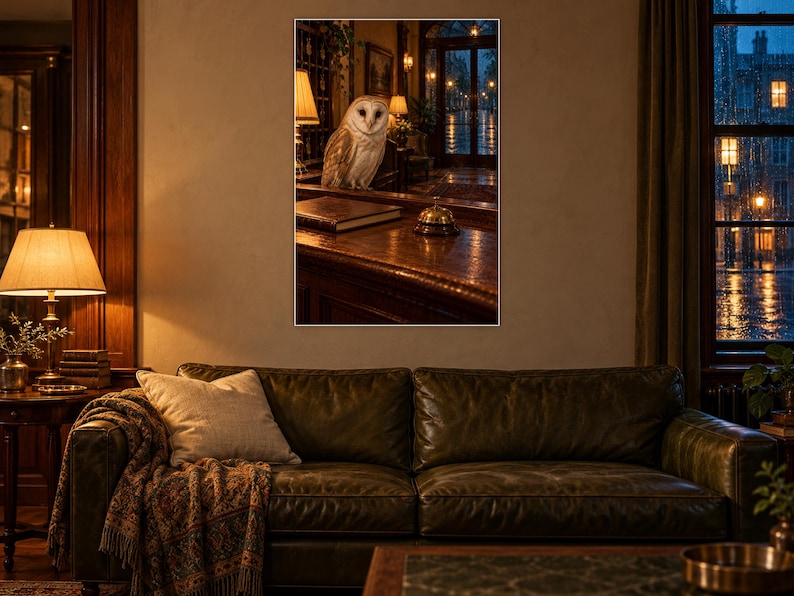 Barn Owl Hotel Desk Art Print | Warm Night Library Wall Decor image 1