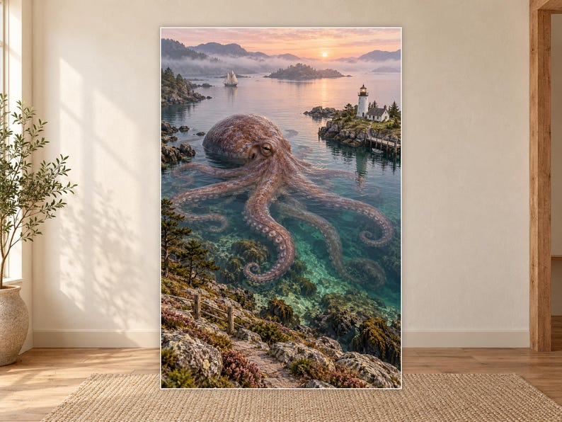 Octopus Art Print | Coastal Lighthouse Fantasy Wall Decor image 18