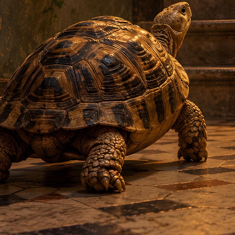 Op de afbeelding: Een schildpad met een hoog, gestructureerd schild met ingewikkelde bruine en zwarte geometrische patronen. Het dier heeft dikke, geschubde poten met scherpe klauwen en een lichtgekleurde kop, staand op een tegelvloer in warm, goudkleurig licht.